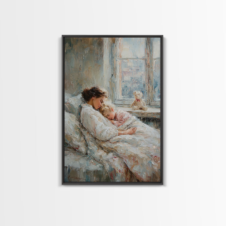 Tender Mother And Child Sleeping By Window Wall Art, Soft Nursery Decor, Mothers Day Gift, Bedroom Art Print, New Mom Gift