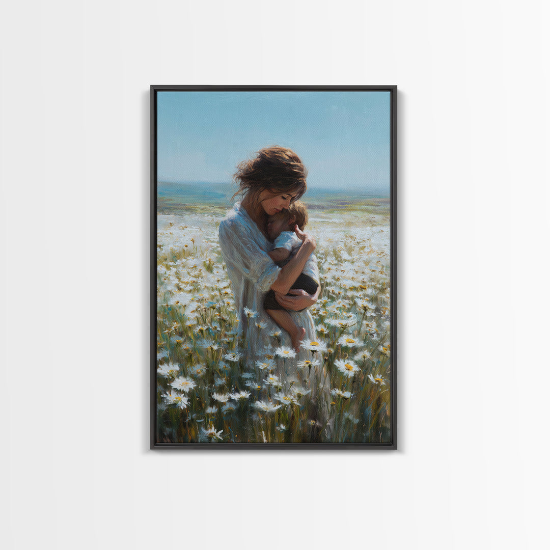 Mother Nursing Baby In Daisy Meadow Wall Art, Feminine Floral Oil Painting Print, New Mom Gift, Nursery And Bedroom Decor
