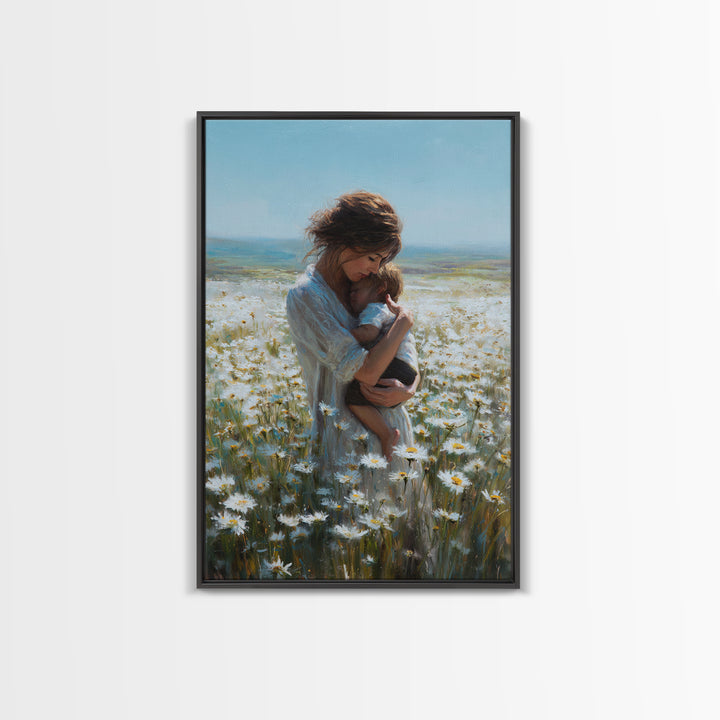 Mother Nursing Baby In Daisy Meadow Wall Art, Feminine Floral Oil Painting Print, New Mom Gift, Nursery And Bedroom Decor
