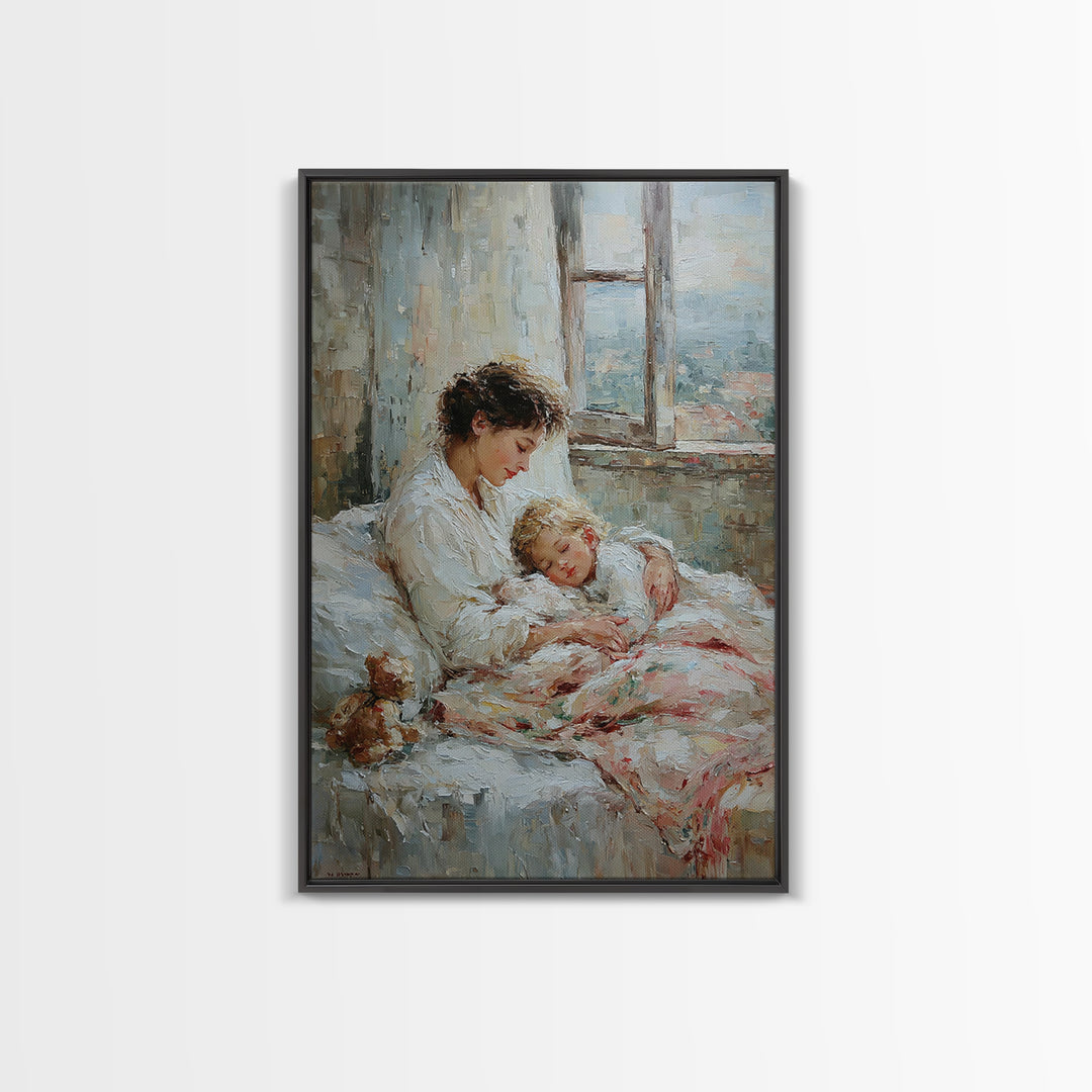 Mother And Sleeping Child By Window Framed Canvas Print, Cozy Bedroom Wall Art, New Mom Gift, Nursery Room Decor, Soft Neutral Home Decor