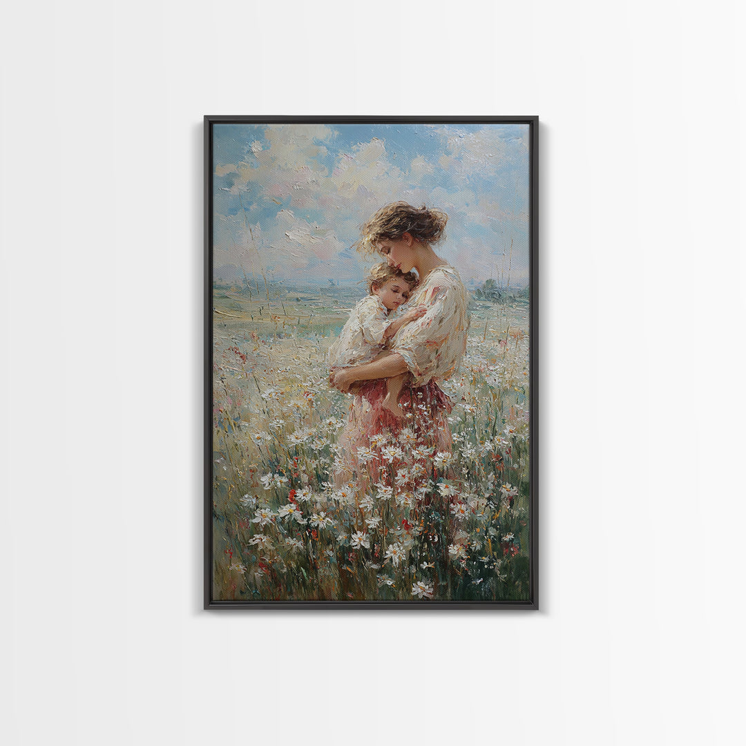 Mother Holding Child In Wildflower Meadow Wall Art, Impressionist Floral Oil Painting, New Mom Gift, Nursery Bedroom Decor