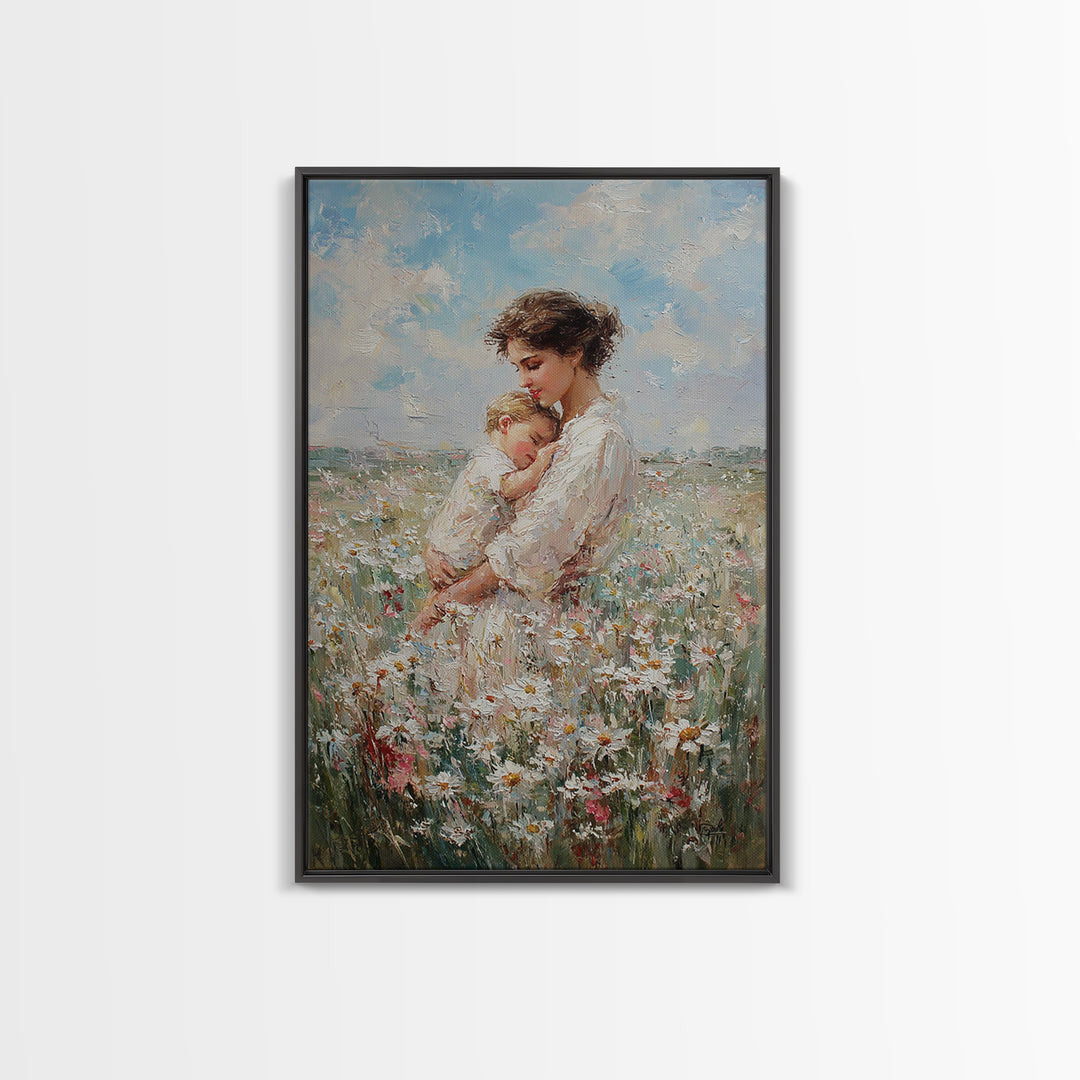 Mother Cradling Baby In Daisy Field Canvas Print, Soft Floral Wall Art, Feminine Nursery Decor, Gift For New Mom, Bedroom Wall Decor