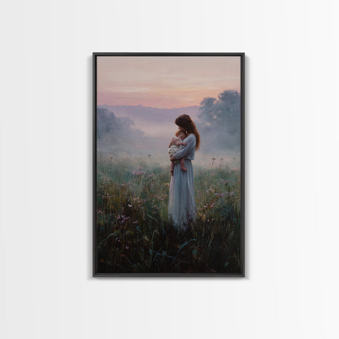 Mother And Baby In Misty Sunrise Meadow Wall Art, Romantic Landscape Oil Painting, New Mom Gift, Feminine Bedroom And Nursery Decor