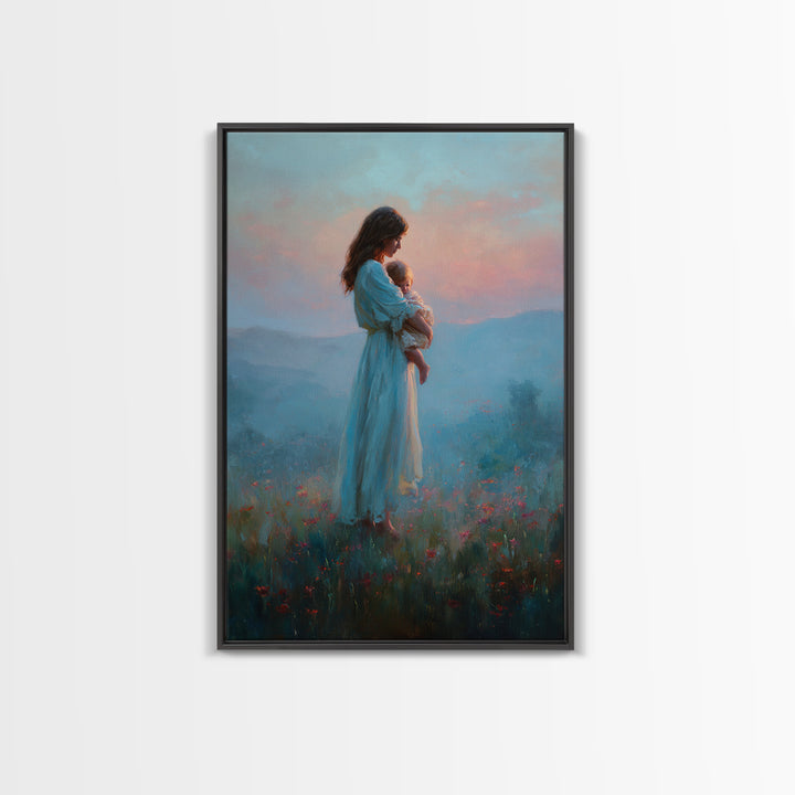 Mother And Baby At Blue Pink Sunset Wall Art, Dreamy Mountain Landscape Oil Painting, New Mom Gift, Feminine Nursery Decor