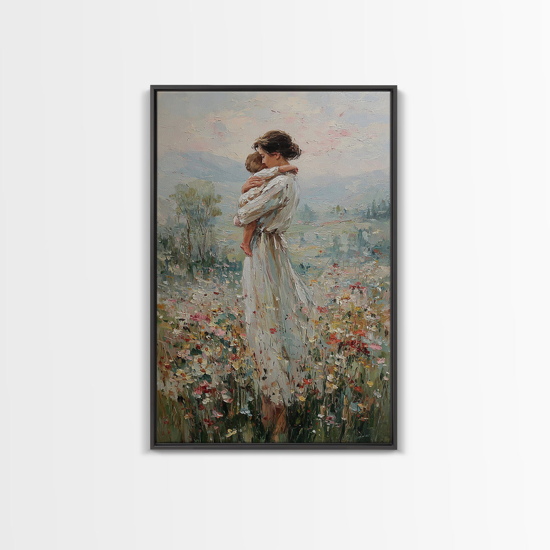 Mother Hugging Child In Mountain Wildflowers Canvas Print, Impressionist Landscape Wall Art, New Mom Gift, Nursery Decor