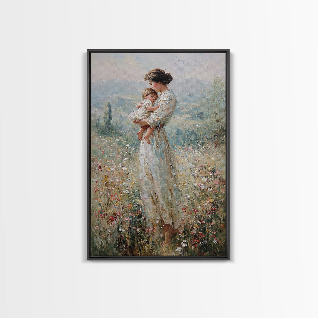 Mother Holding Baby In Wildflower Meadow Wall Art, Impressionist Motherhood Painting, Nursery Decor, Gift For Mom, Living Room Decor