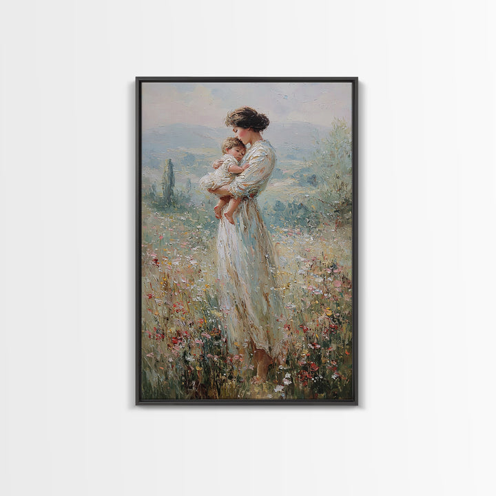 Mother Holding Baby In Wildflower Meadow Wall Art, Impressionist Motherhood Painting, Nursery Decor, Gift For Mom, Living Room Decor