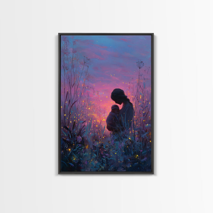Twilight Mother And Baby In Firefly Meadow Canvas Print, Celestial Nursery Wall Art, Fantasy Decor, Gift For Mom, Bedroom Decor