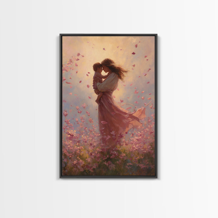 Mother Kissing Baby In Pink Blossom Field Framed Canvas Print, Romantic Wall Art, Nursery Decor, Gift For Her And Mom, Bedroom Decor