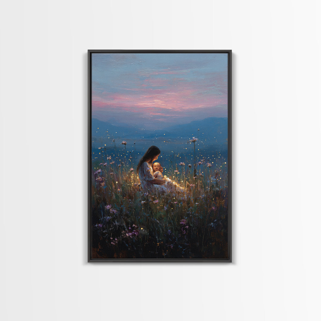 Glowing Mother And Baby In Mountain Meadow Canvas Print, Serene Landscape Wall Art, Nursery Decor, Spiritual Gift For Mom