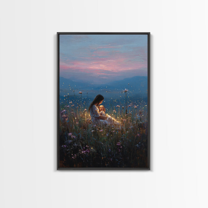 Glowing Mother And Baby In Mountain Meadow Canvas Print, Serene Landscape Wall Art, Nursery Decor, Spiritual Gift For Mom