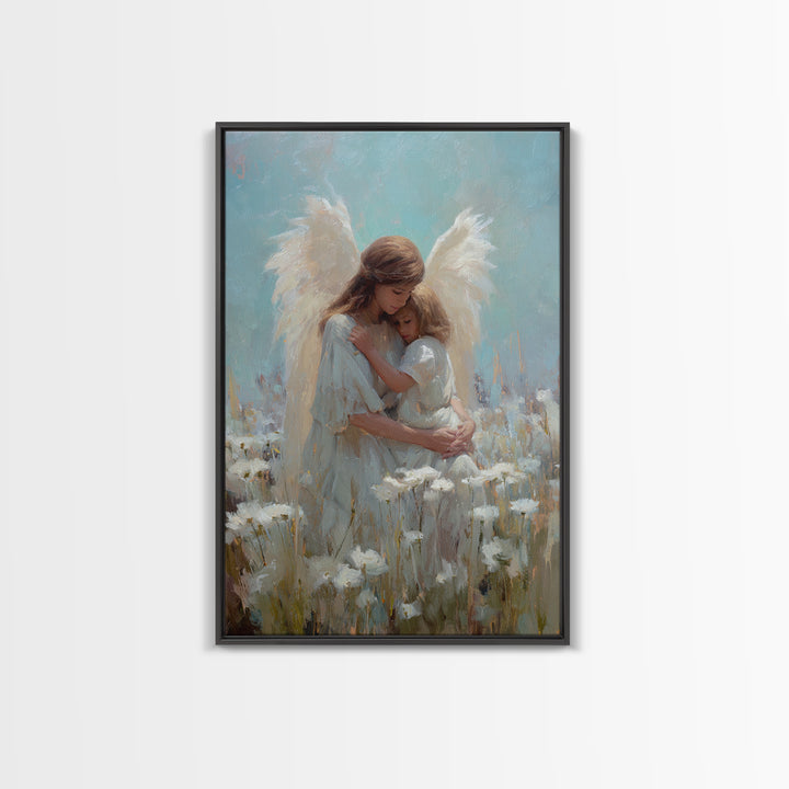 Guardian Angel Hugging Child In White Flower Field Wall Art, Spiritual Canvas Print, Christian Nursery Decor, Gift For Mom