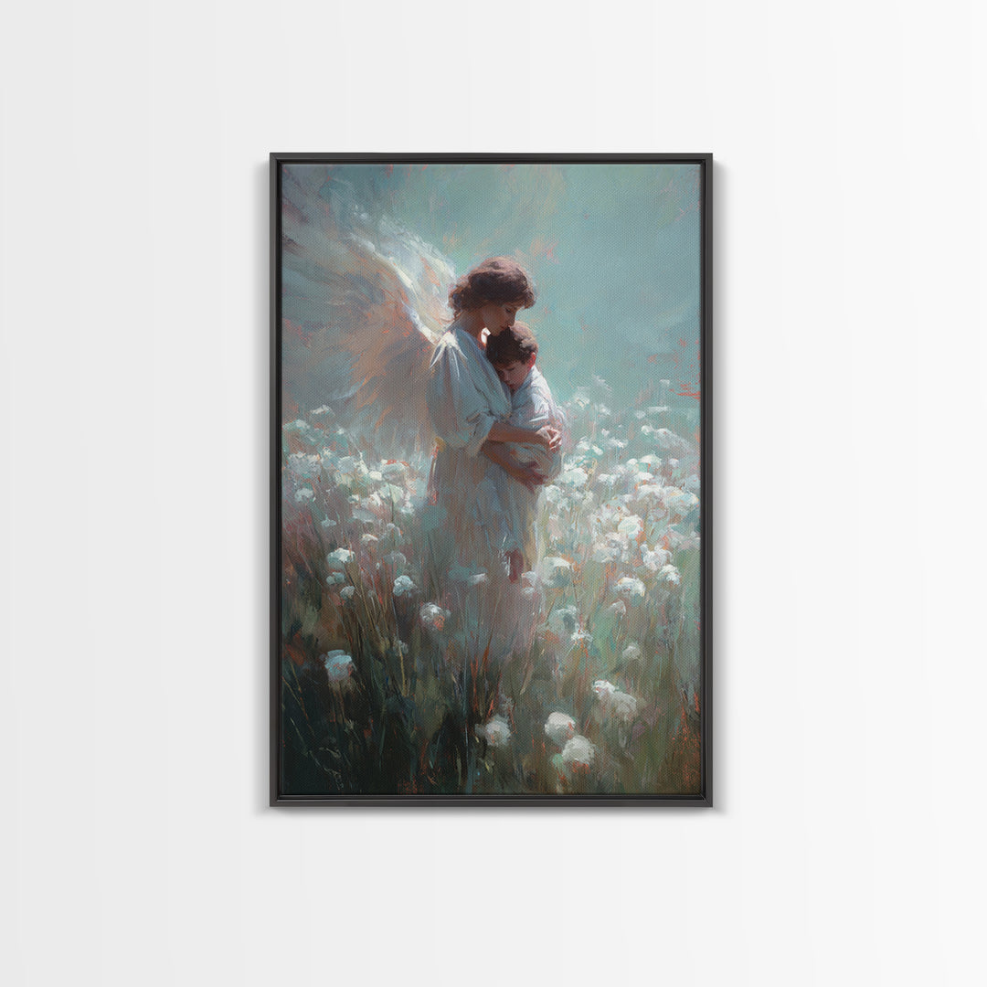 Angel Mother Holding Child In Soft White Meadow Framed Canvas Print, Spiritual Wall Art, Christian Nursery Decor, Gift For Mom