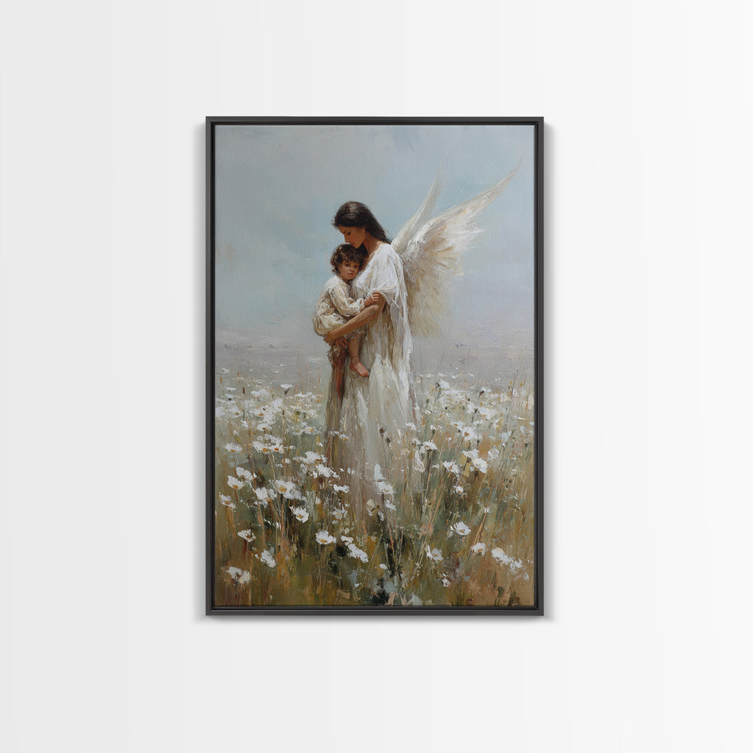 Dark Haired Guardian Angel With Child In Daisy Field Wall Art, Religious Canvas Print, Christian Nursery Decor, Gift For Mom