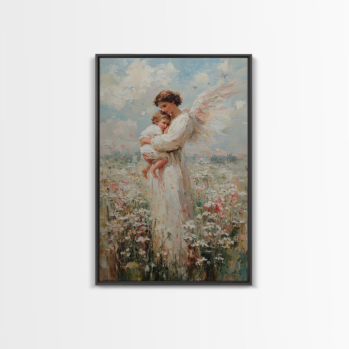 Textured Angel Mother Holding Baby In Wildflower Field Wall Art, Impressionist Canvas Print, Christian Nursery Decor, Gift For Mom