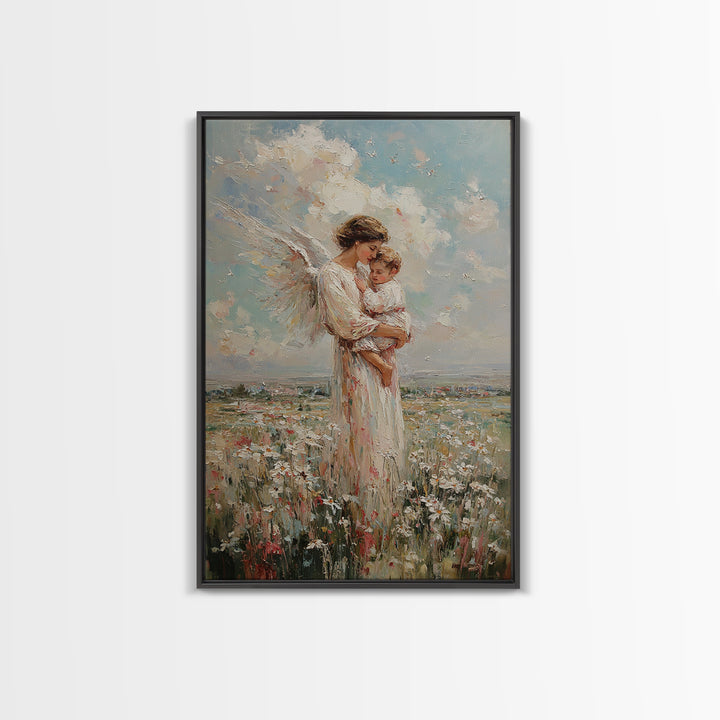Angel Mother And Baby In Wildflower Meadow Wall Art, Christian Nursery Decor, Motherhood Gift, Fine Art Print, Serene Home Decor