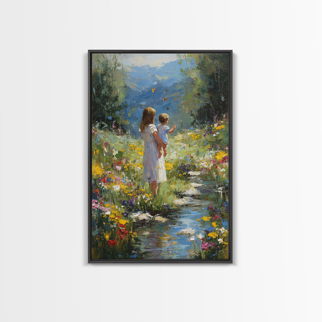 Mother And Child By Mountain Stream Wall Art, Wildflower Landscape Painting, Nature Wall Art, Nursery Decor, Housewarming Gift