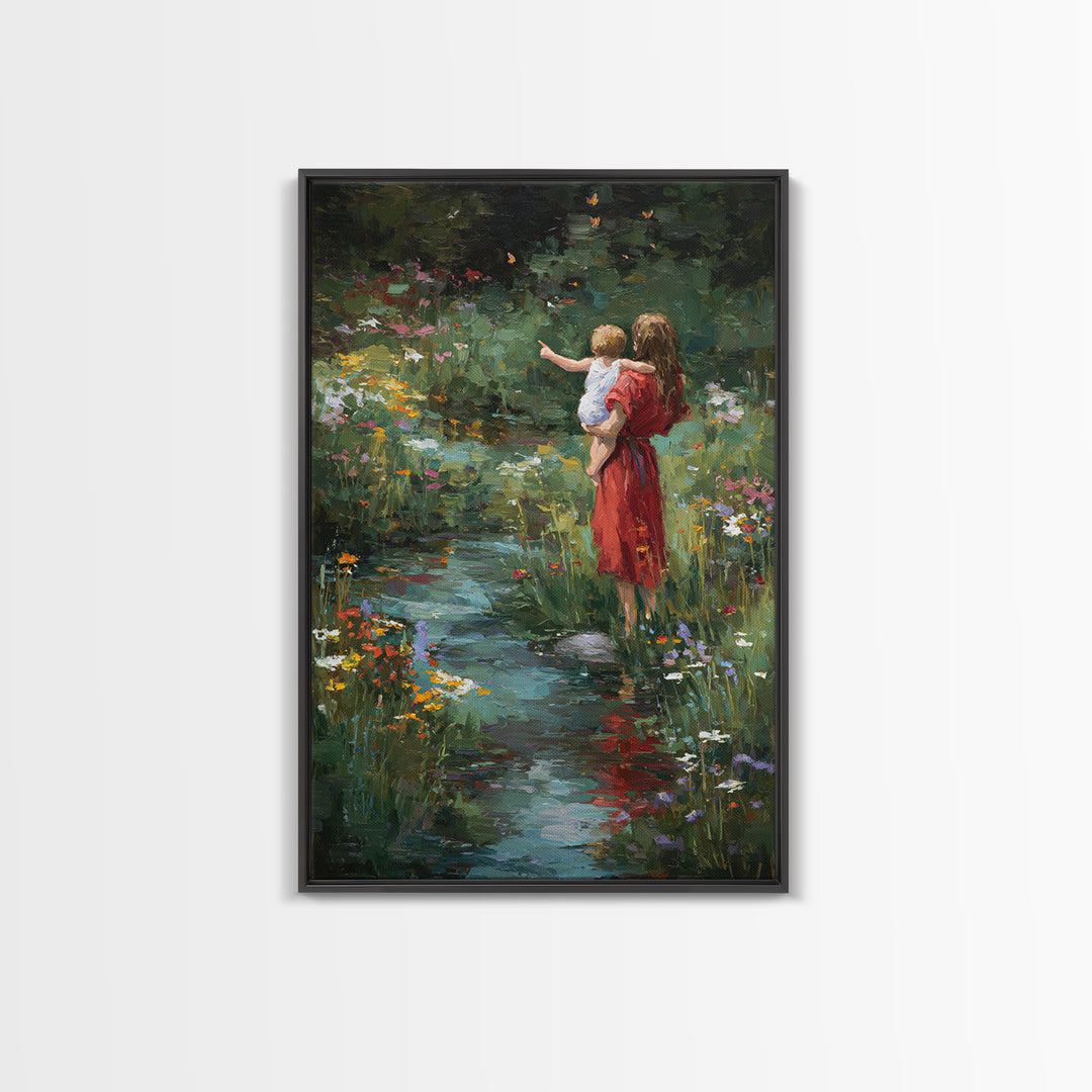 Mother In Red Dress With Child By Garden Stream Wall Art, Moody Floral Art, Nature Wall Decor, Gift For Her, Fine Art Print