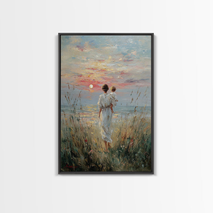 Mother And Child Watching Sunset Over Lake Framed Canvas Print, Coastal Wall Art, Serene Bedroom Decor, Motherhood Gift, Fine Art Print