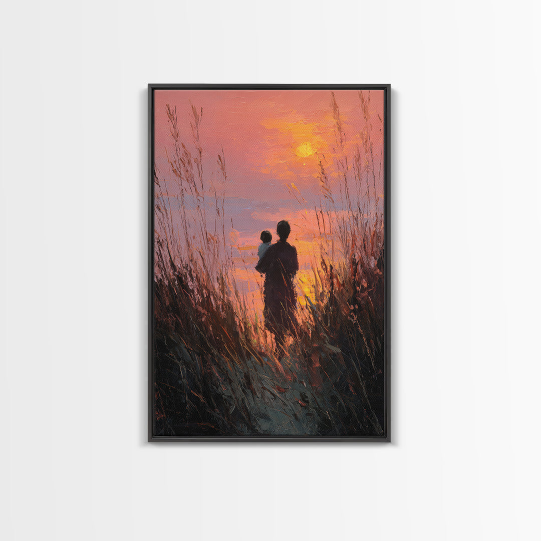 Silhouette Mother And Baby At Orange Sunset Canvas Print, Coastal Wall Art, Romantic Bedroom Decor, Gift For Mom, Sunset Art