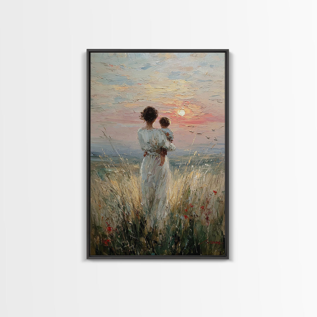 Mother And Child By The Sea Framed Canvas Print, Coastal Meadow Oil Painting, Feminine Wall Decor, Gift For Mom, Nursery Wall Art