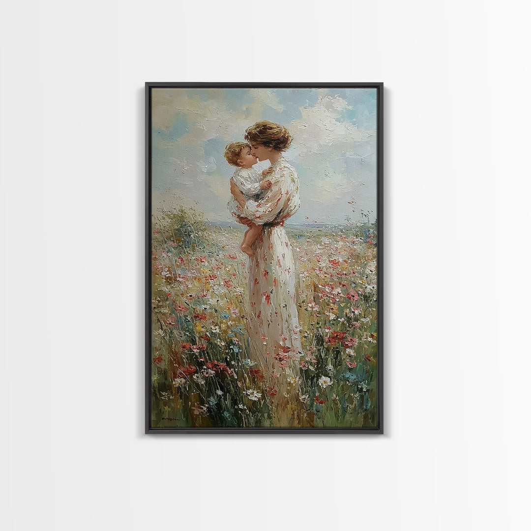 Mother Kissing Baby In Wildflower Field Canvas Print, Impressionist Floral Wall Art, Nursery Decor, Gift For Her, Mothers Day Gift