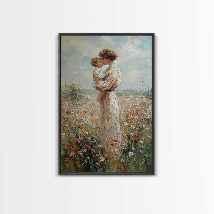 Mother Kissing Baby In Wildflower Field Canvas Print, Impressionist Floral Wall Art, Nursery Decor, Gift For Her, Mothers Day Gift