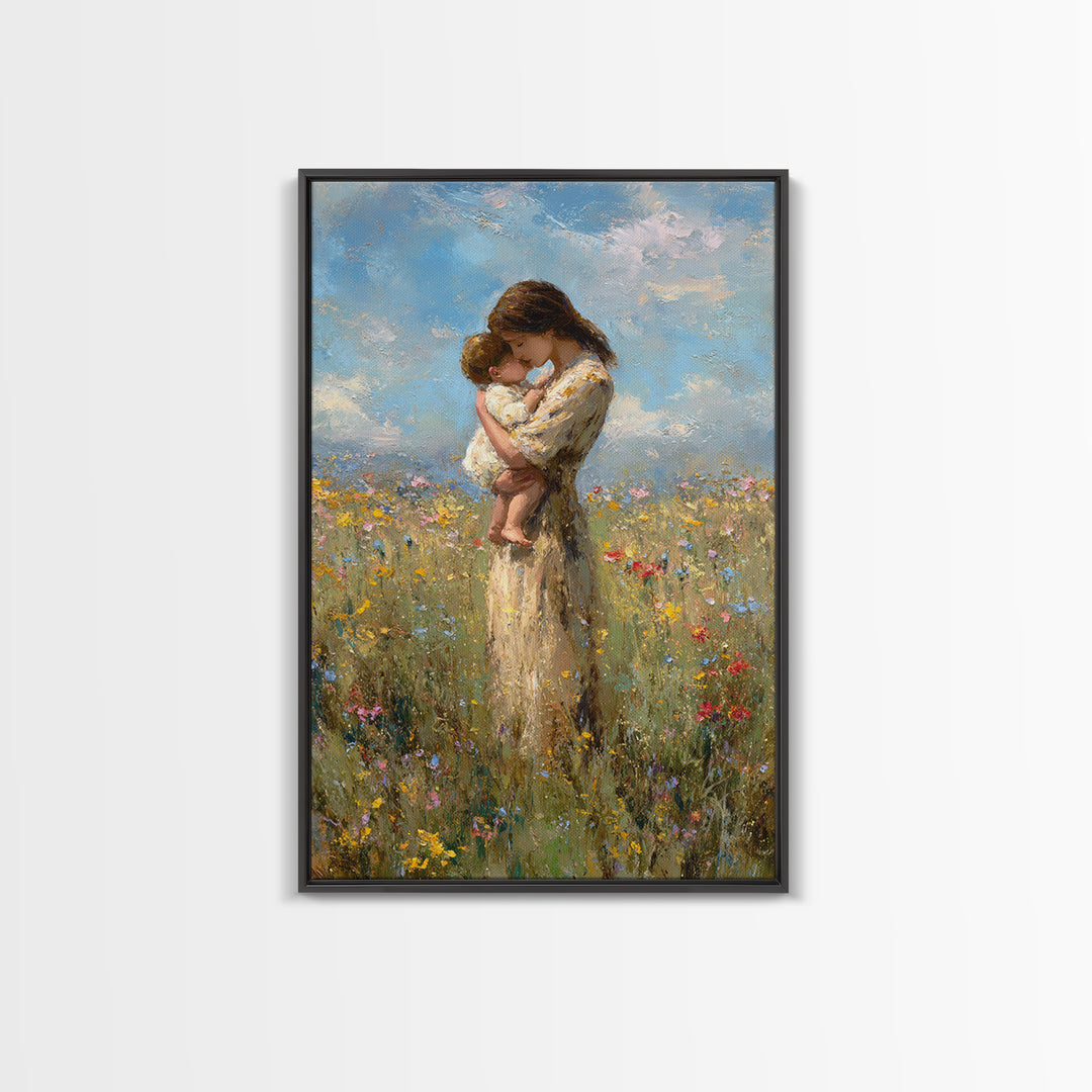 Tender Mother And Baby Wildflower Meadow Wall Art, Impressionist Oil Painting, Feminine Nursery Decor, Gift For Mom, Bedroom Decor