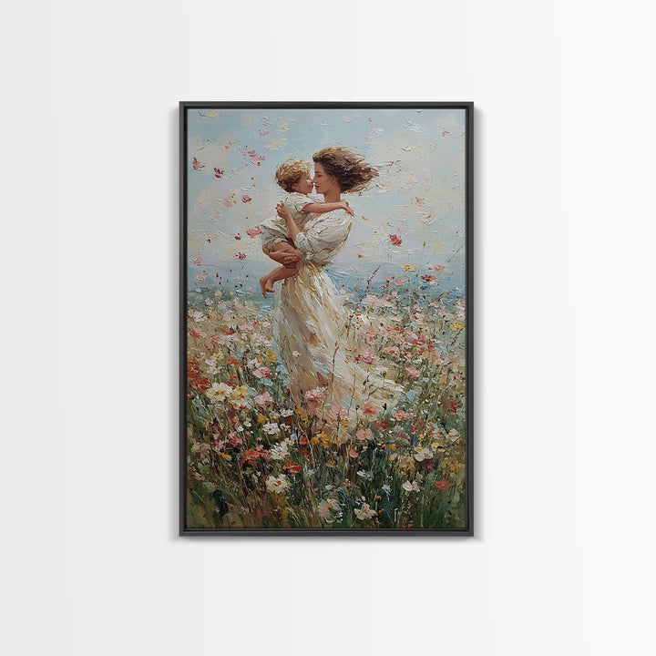 Windblown Mother And Baby Floral Meadow Framed Canvas Print, Coastal Impressionist Wall Art, Nursery Decor, Gift For Mom