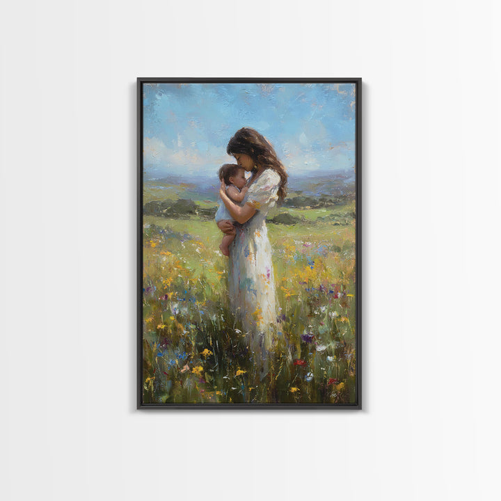 Mother And Baby In Rolling Hills Meadow Canvas Print, Impressionist Landscape Wall Art, Floral Nursery Decor, Gift For Mom