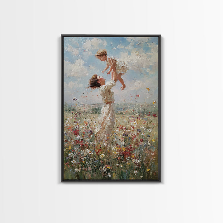 Mother Lifting Child Above Wildflower Meadow Wall Art, Joyful Impressionist Oil Painting Print, Nursery Decor, Gift For Mom