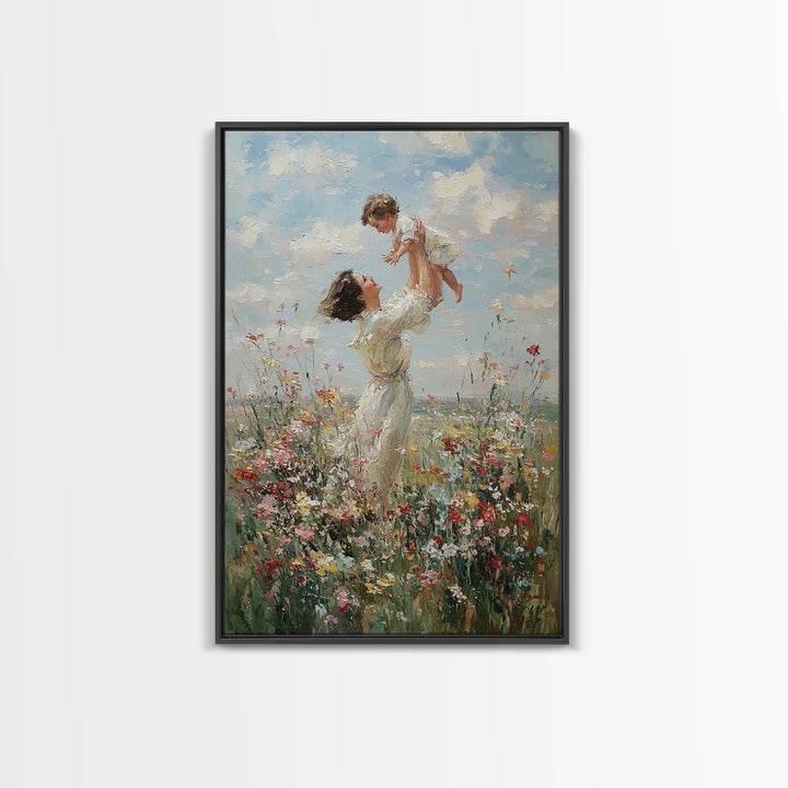 Airy Mother And Toddler In Wild Meadow Framed Canvas Print, Impressionist Wall Art, Living Room Decor, Mothers Day Gift For Mom