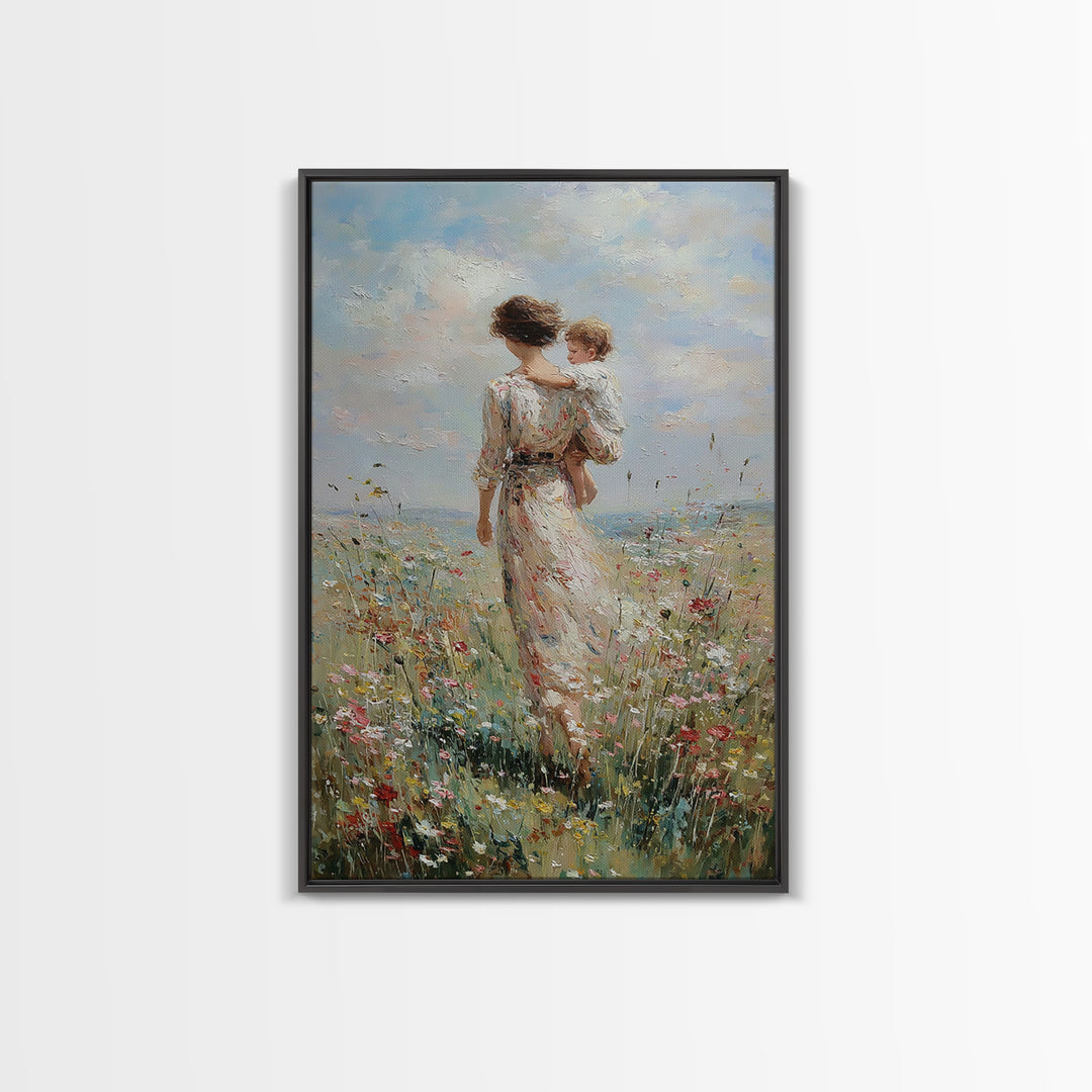 Mother And Child Walking Through Wildflower Meadow Canvas Print, Impressionist Wall Art, Nursery Decor, Mothers Day Gift