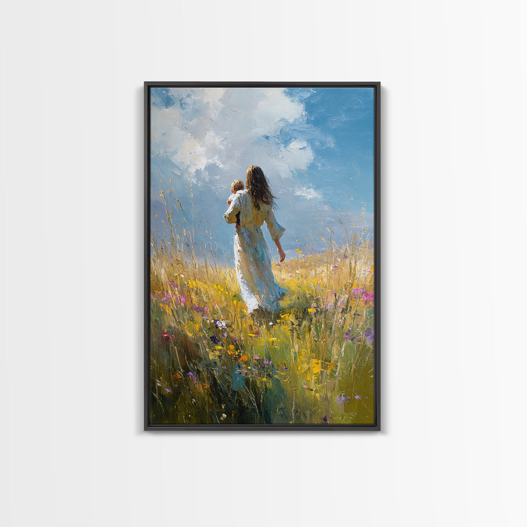 Mother Carrying Child Through Sunny Meadow Canvas Print, Impressionist Landscape Wall Art, Nursery Decor, Mothers Day Gift For Mom