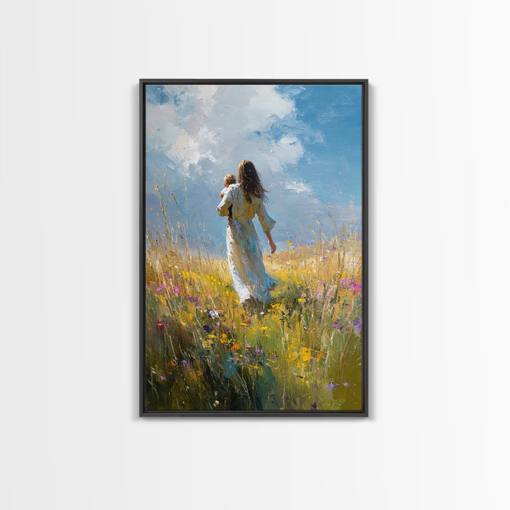 Mother Carrying Child Through Sunny Meadow Canvas Print, Impressionist Landscape Wall Art, Nursery Decor, Mothers Day Gift For Mom