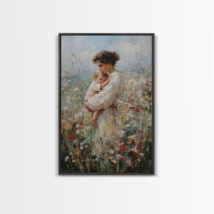 Tender Mother Cuddling Baby In Wildflowers Framed Canvas Print, Impressionist Floral Wall Art, Nursery Decor, Mothers Day Gift For Mom