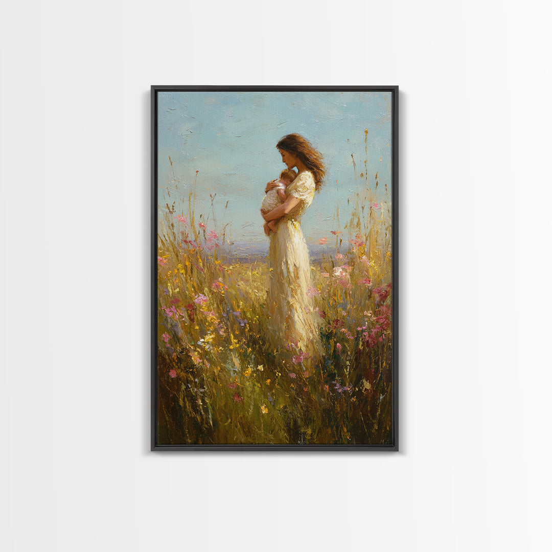 Mother Holding Baby In Wildflower Meadow Wall Art, Impressionist Oil Painting, Feminine Nursery Decor, Gift For Mom, Home Decor