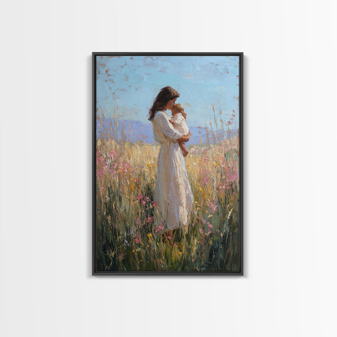 Mother And Baby In Sunlit Wildflower Field Framed Canvas Print, Impressionist Painting, Nursery Wall Art, Gift For Mom, Decor