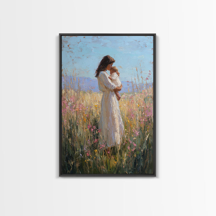 Mother And Baby In Sunlit Wildflower Field Framed Canvas Print, Impressionist Painting, Nursery Wall Art, Gift For Mom, Decor
