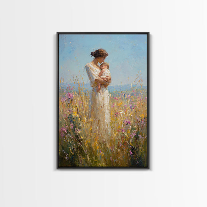 Mother Cradling Baby In Golden Wildflower Meadow Canvas Print, Impressionist Oil Painting, Feminine Wall Art, Gift For Mom