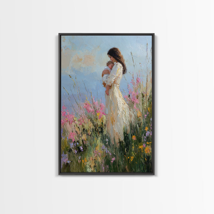 Mother And Newborn In Pink Wildflower Garden Wall Art, Impressionist Oil Painting, Feminine Nursery Decor, Gift For Mom, Home Decor