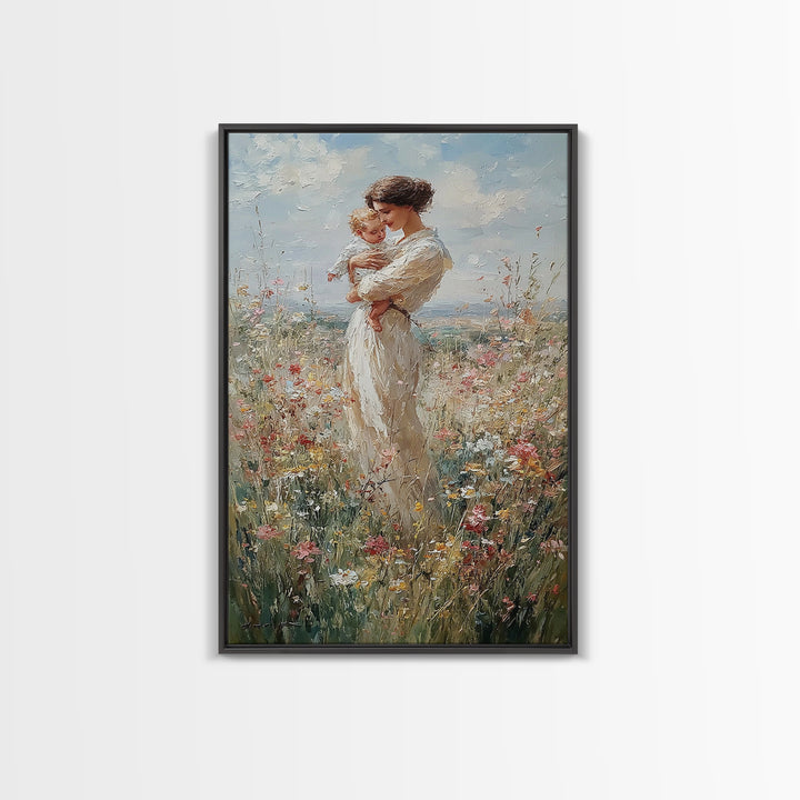 Mother And Baby Among Daisies And Wildflowers Framed Canvas Print, Impressionist Painting, Nursery Wall Art, Gift For Mom