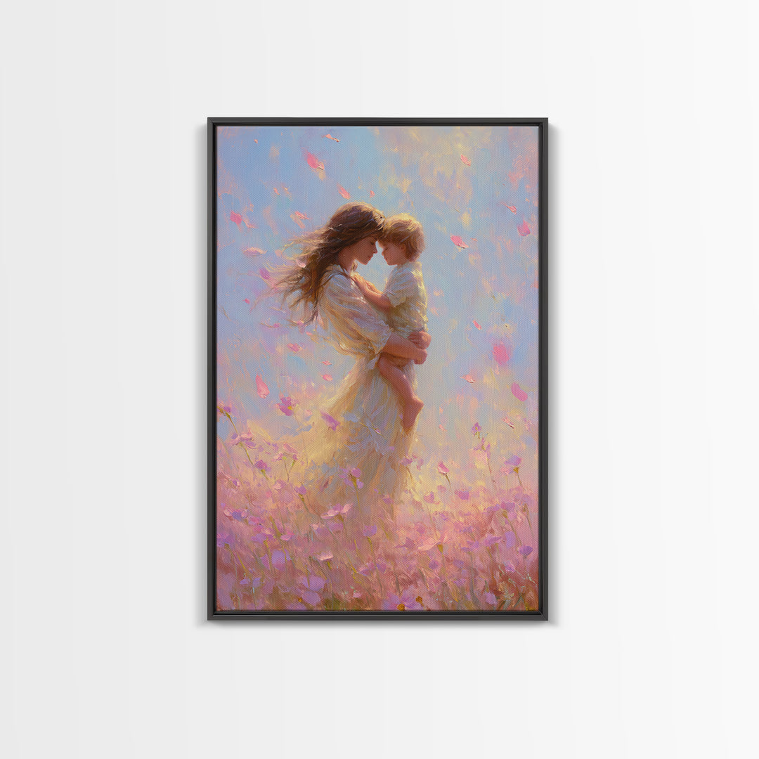 Mother Holding Child In Pink Petal Meadow Framed Canvas Print, Dreamy Impressionist Painting, Feminine Wall Art, Gift For Mom