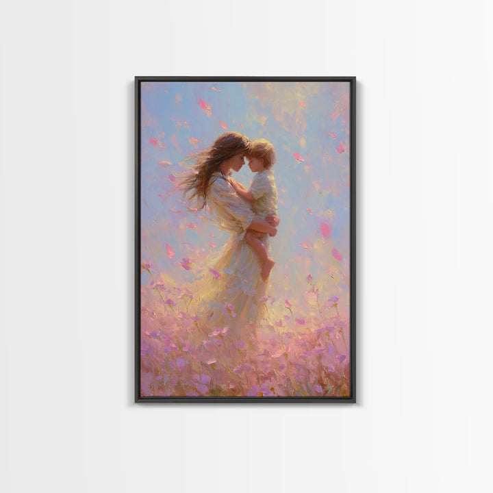 Mother Holding Child In Pink Petal Meadow Framed Canvas Print, Dreamy Impressionist Painting, Feminine Wall Art, Gift For Mom