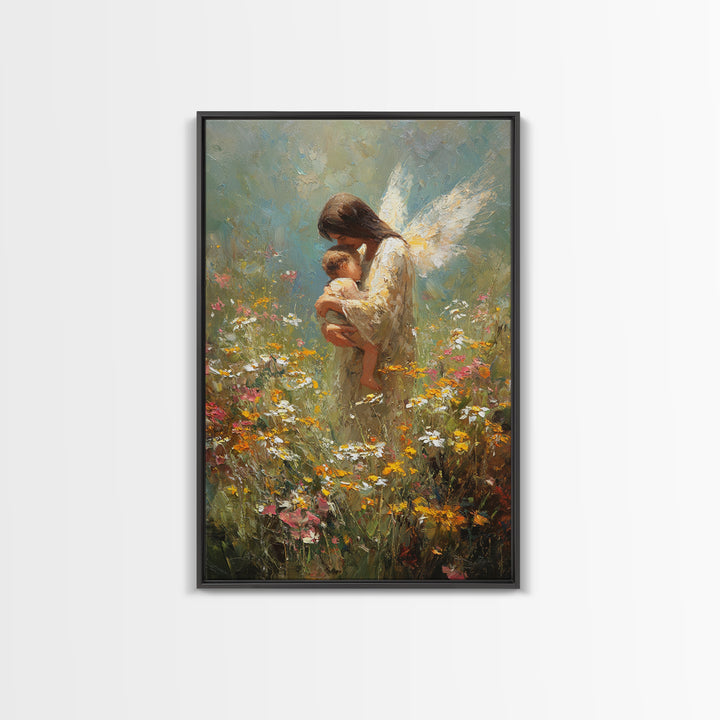 Angel Mother Holding Baby In Wildflower Meadow Framed Canvas Print, Guardian Angel Nursery Art, Spiritual Gift For Mom, Home Decor