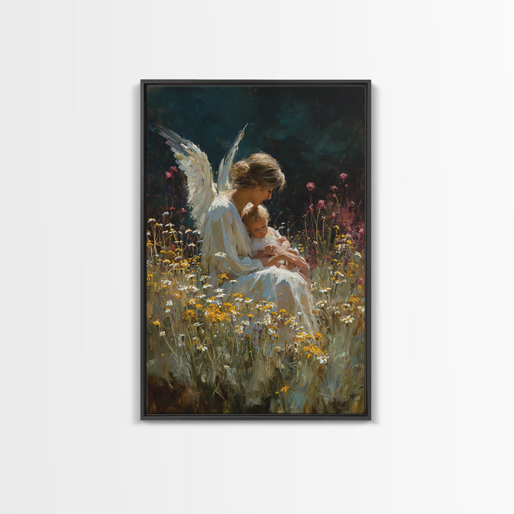 Seated Guardian Angel With Baby In Daisy Meadow Canvas Print, Spiritual Nursery Wall Art, Gift For Her, Moody Home Decor