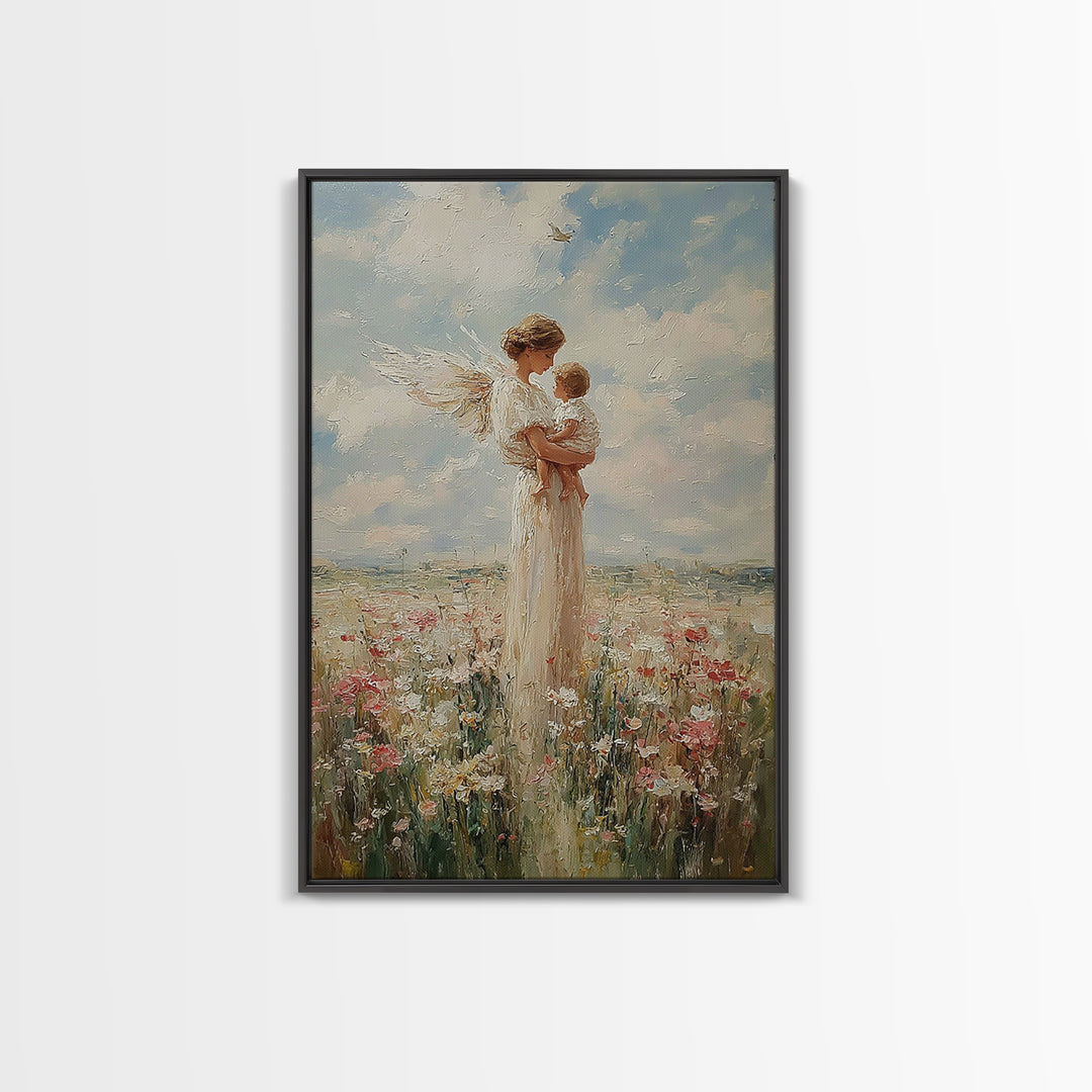 White Winged Angel Cradling Baby In Sunny Meadow Wall Art, Christian Nursery Decor, Spiritual Gift For Mom, Fine Art Print