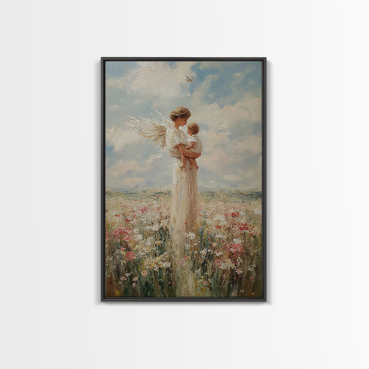 White Winged Angel Cradling Baby In Sunny Meadow Wall Art, Christian Nursery Decor, Spiritual Gift For Mom, Fine Art Print