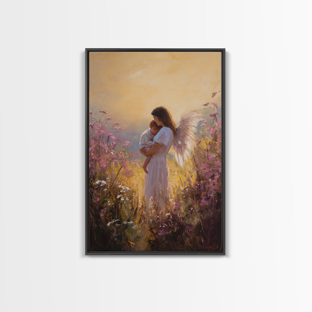 Sunset Angel Mother Holding Baby Among Purple Wildflowers Canvas Print, Spiritual Wall Art, Gift For Mom, Nursery Home Decor