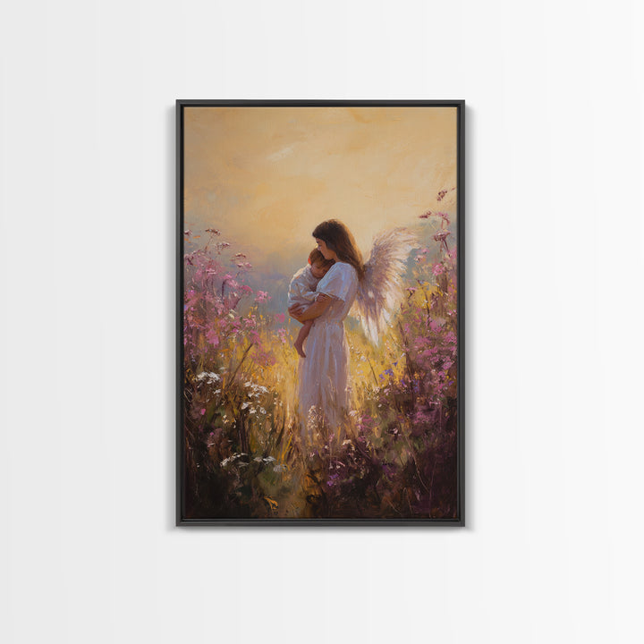 Sunset Angel Mother Holding Baby Among Purple Wildflowers Canvas Print, Spiritual Wall Art, Gift For Mom, Nursery Home Decor